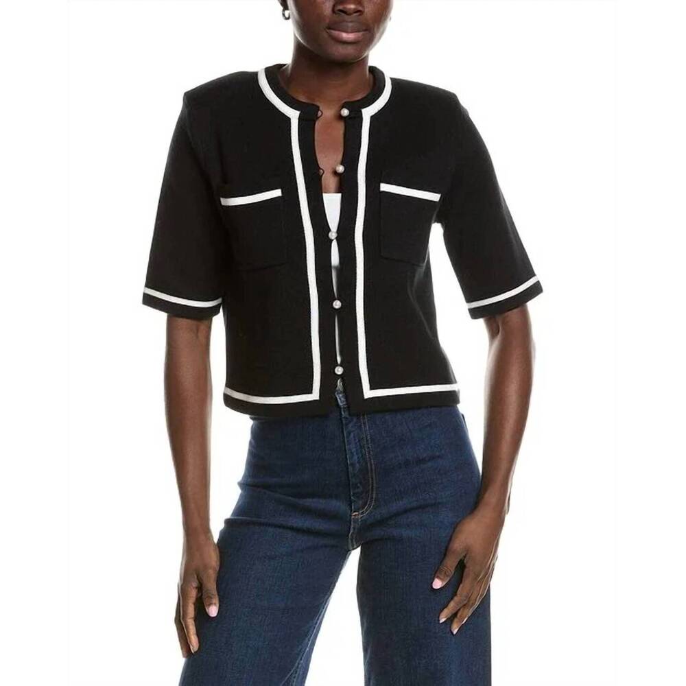 NEW MINNIE ROSE short sleeve tipped jacket in black white